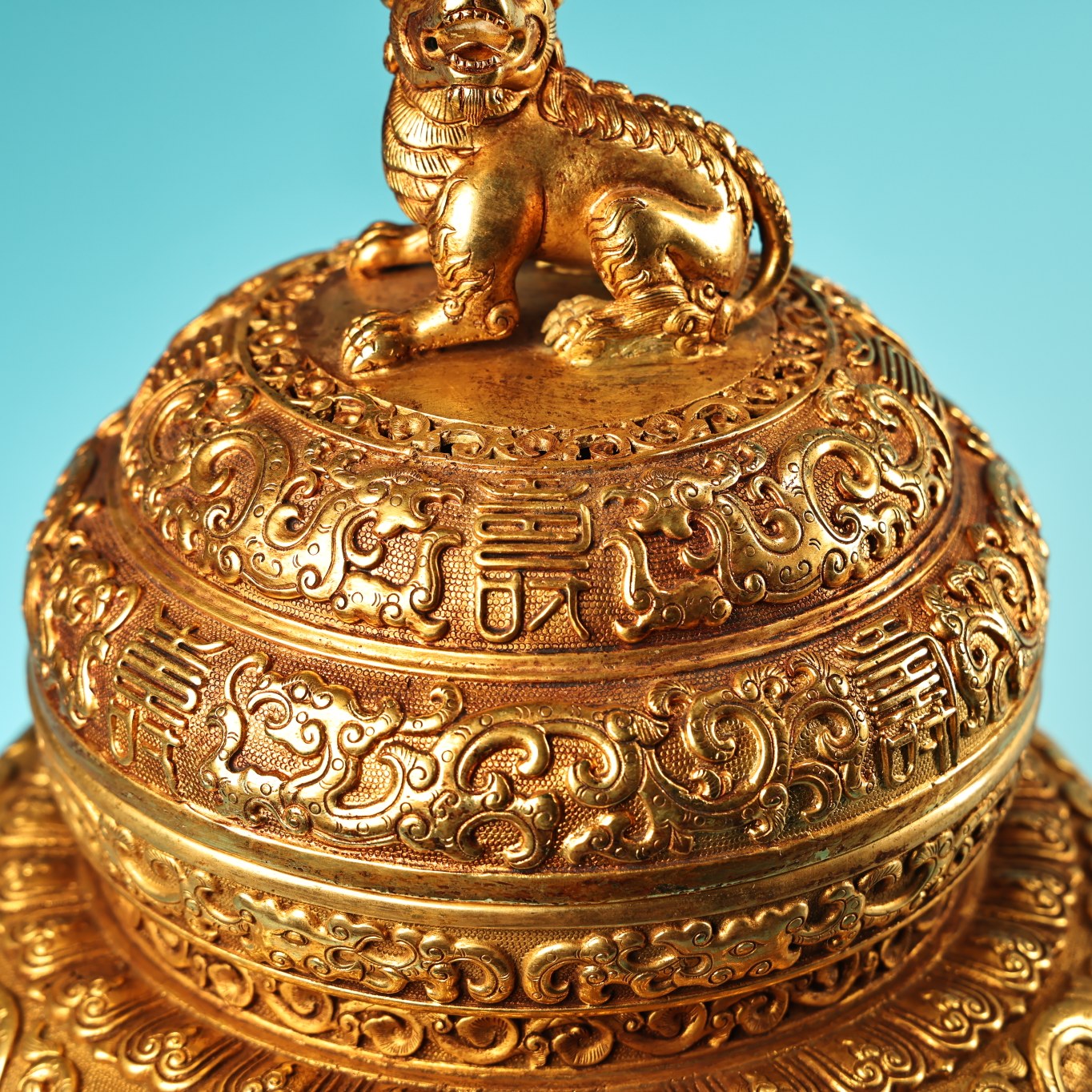 A1327 Vintage Chinese Gilt Gold Copper 3 Leg Double Rings Fortune Lion Incense Burner