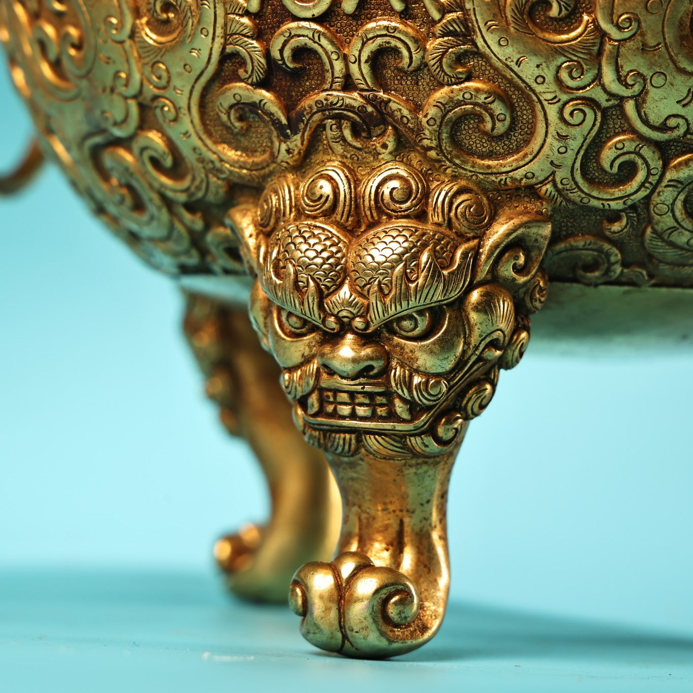 A1327 Vintage Chinese Gilt Gold Copper 3 Leg Double Rings Fortune Lion Incense Burner