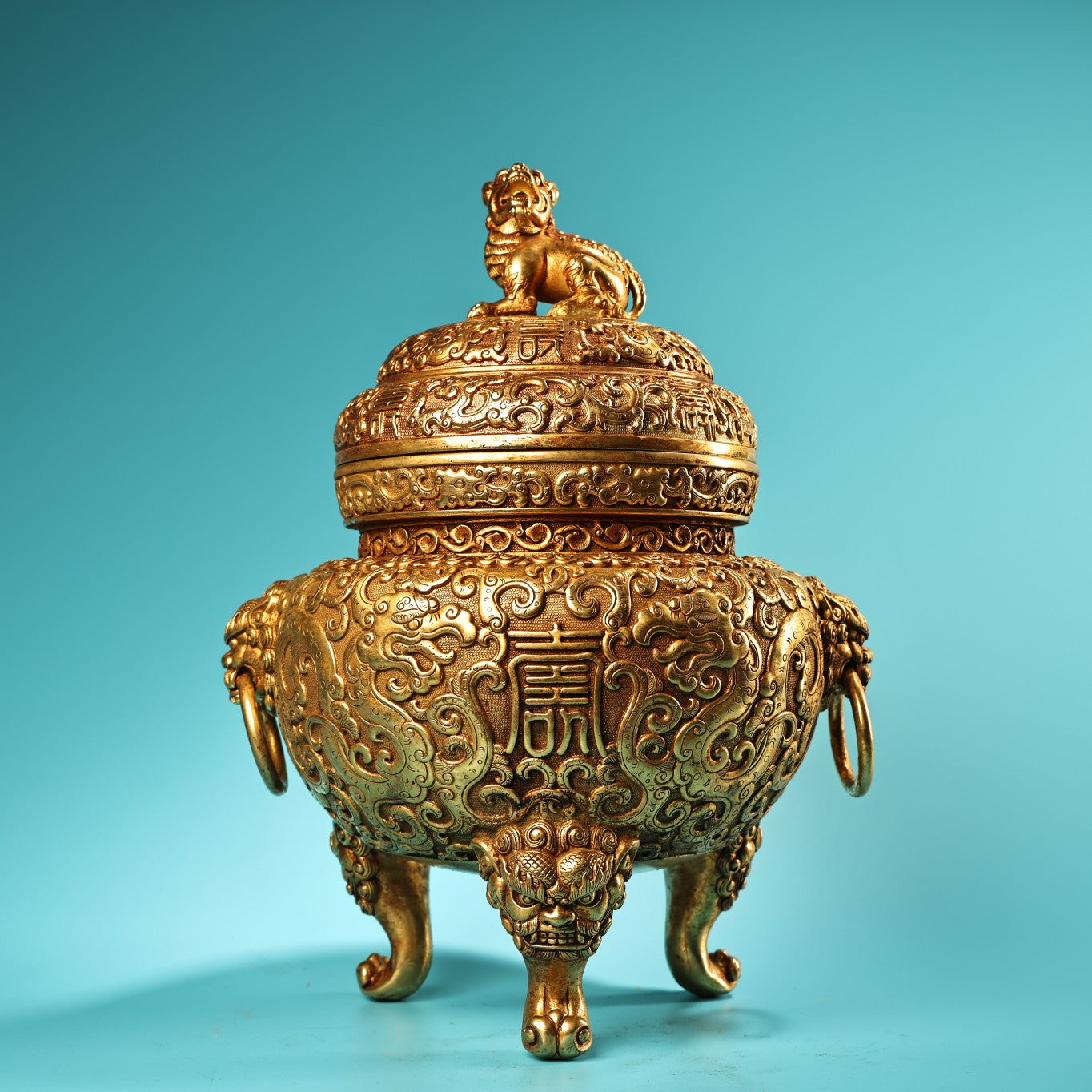 A1327 Vintage Chinese Gilt Gold Copper 3 Leg Double Rings Fortune Lion Incense Burner