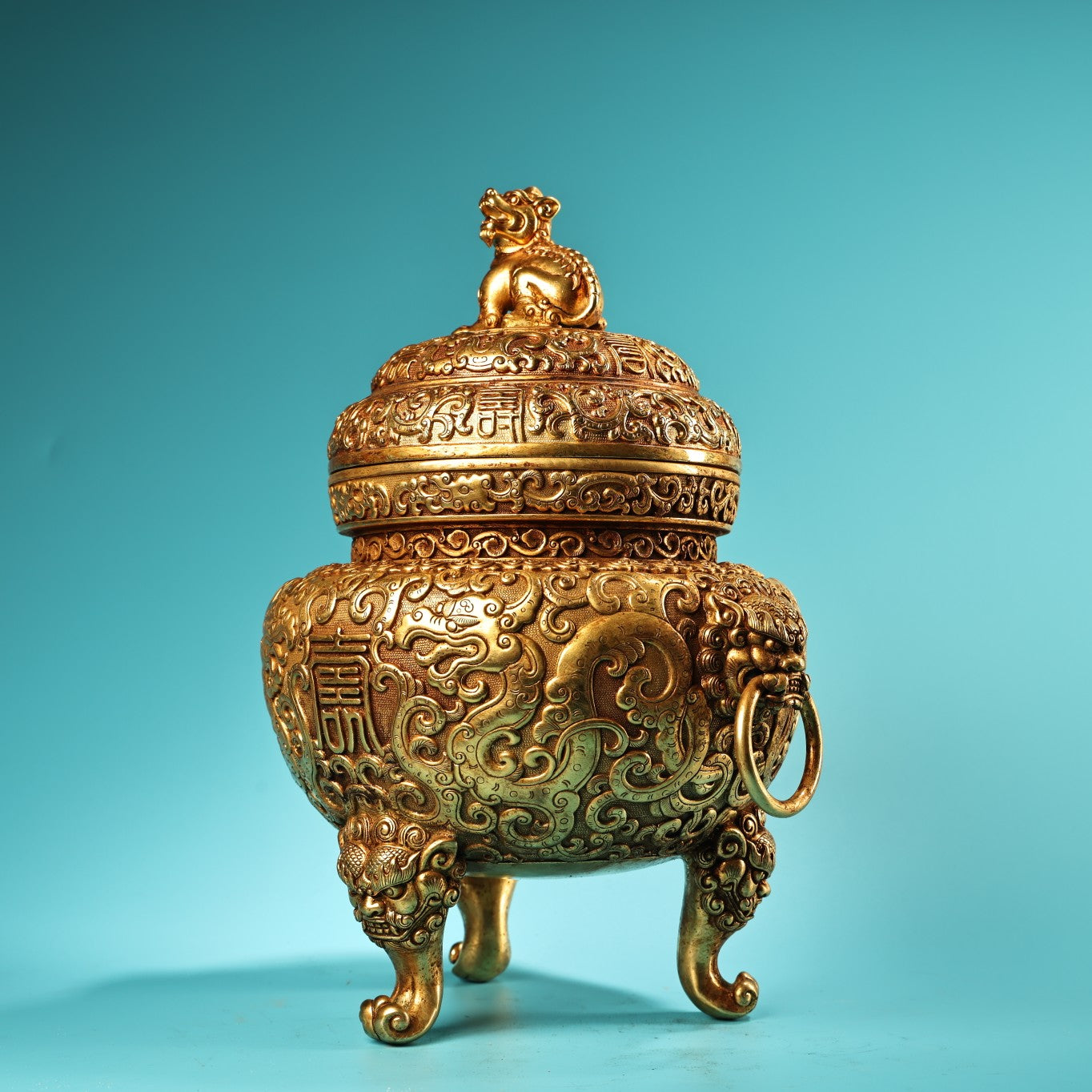 A1327 Vintage Chinese Gilt Gold Copper 3 Leg Double Rings Fortune Lion Incense Burner