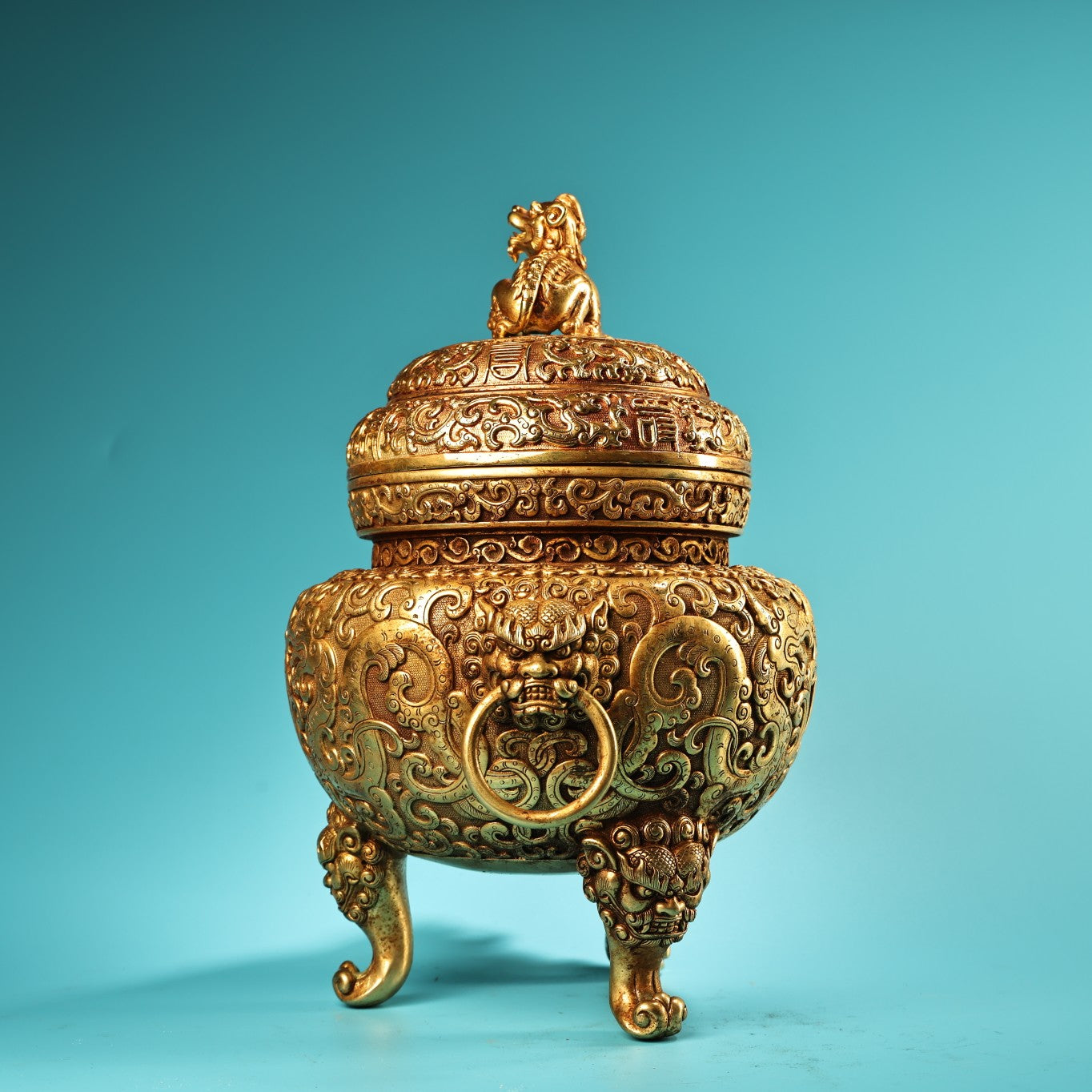 A1327 Vintage Chinese Gilt Gold Copper 3 Leg Double Rings Fortune Lion Incense Burner