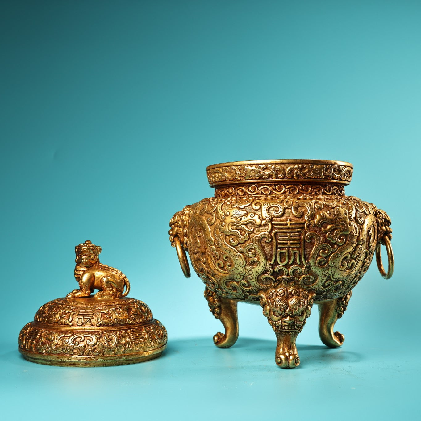 A1327 Vintage Chinese Gilt Gold Copper 3 Leg Double Rings Fortune Lion Incense Burner