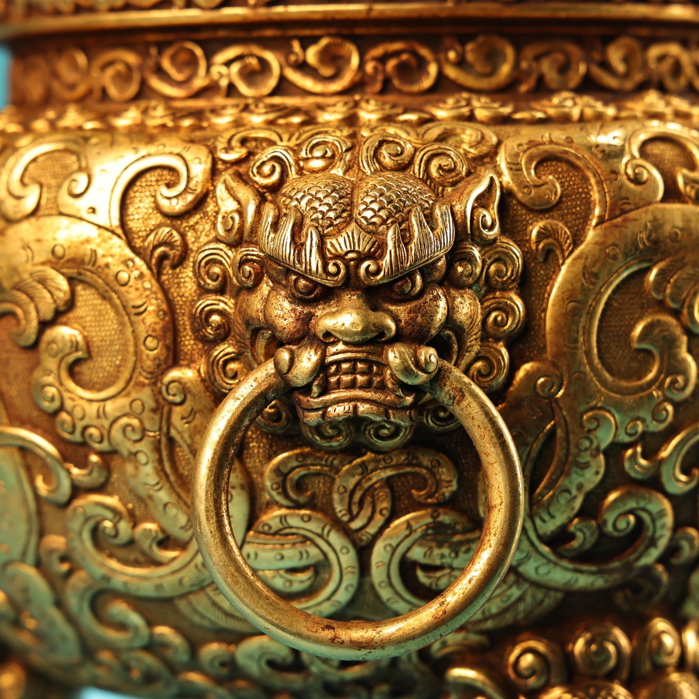 A1327 Vintage Chinese Gilt Gold Copper 3 Leg Double Rings Fortune Lion Incense Burner