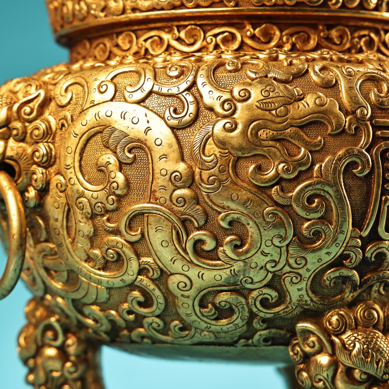 A1327 Vintage Chinese Gilt Gold Copper 3 Leg Double Rings Fortune Lion Incense Burner