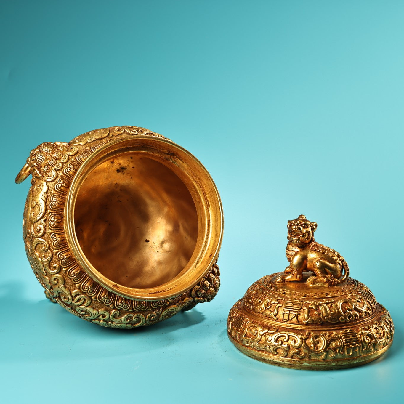 A1327 Vintage Chinese Gilt Gold Copper 3 Leg Double Rings Fortune Lion Incense Burner