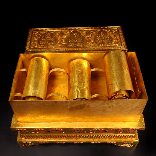 A1329 Chinese Gilt Gold Copper Inlay Gem Low Relief Buddha Box w Buddhism Heart Sutra Book