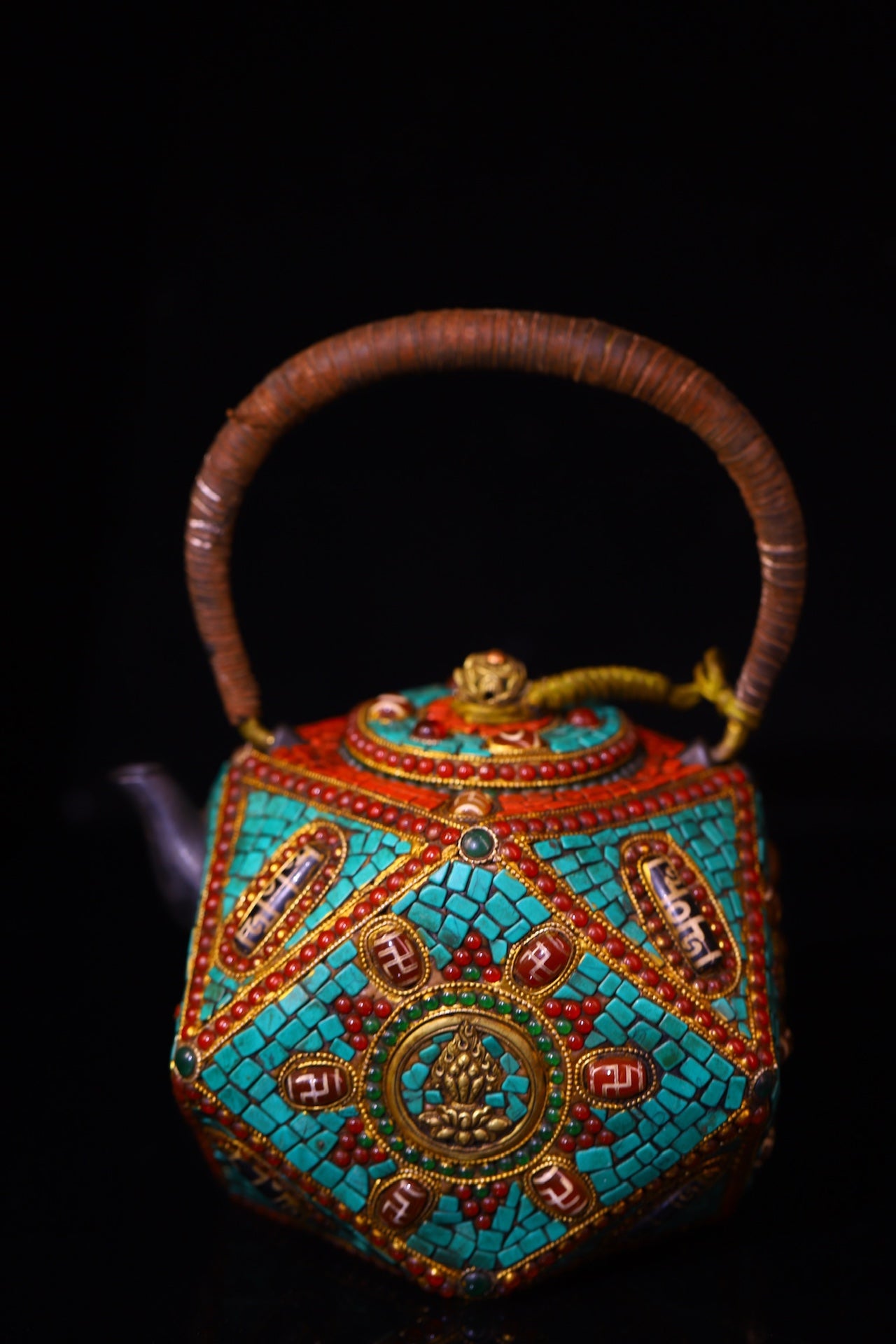 A1334 Tibetan Copper Inlay Turquoise & DZI Agate & Gems Handle Teapot