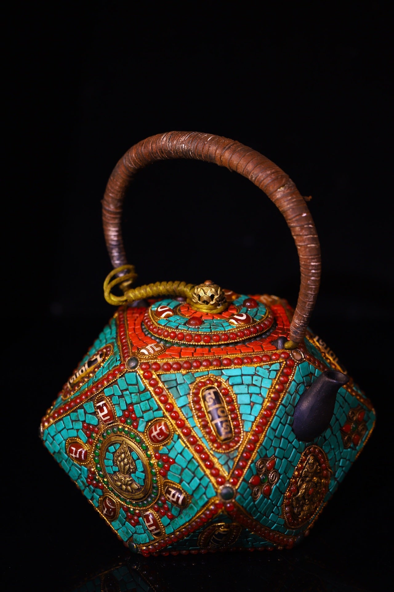 A1334 Tibetan Copper Inlay Turquoise & DZI Agate & Gems Handle Teapot