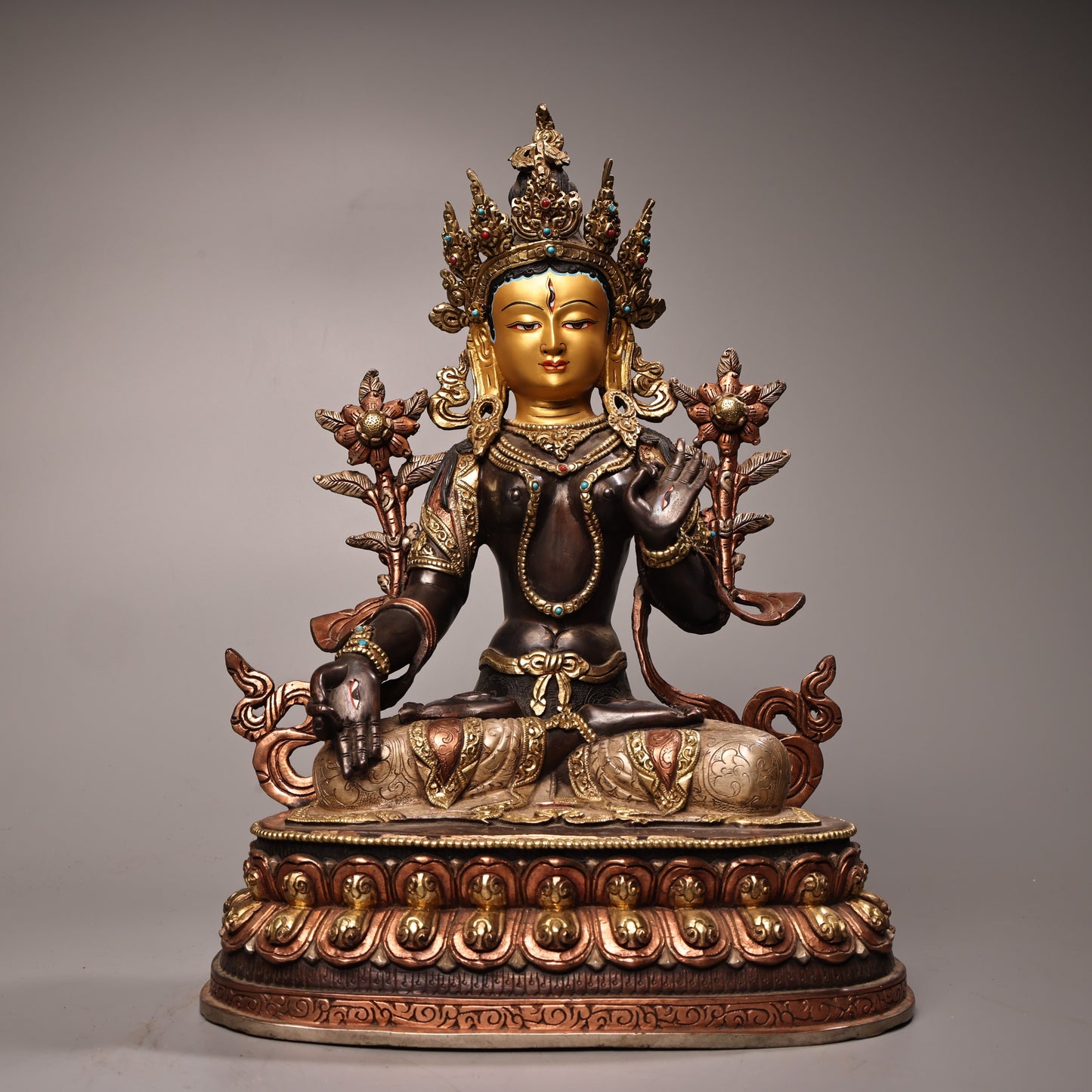 A1336 Tibetan Gilt Gold Copper Inlay Gems Tara Statue