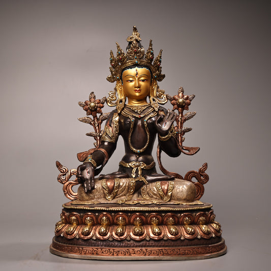 A1336 Tibetan Gilt Gold Copper Inlay Gems Tara Statue