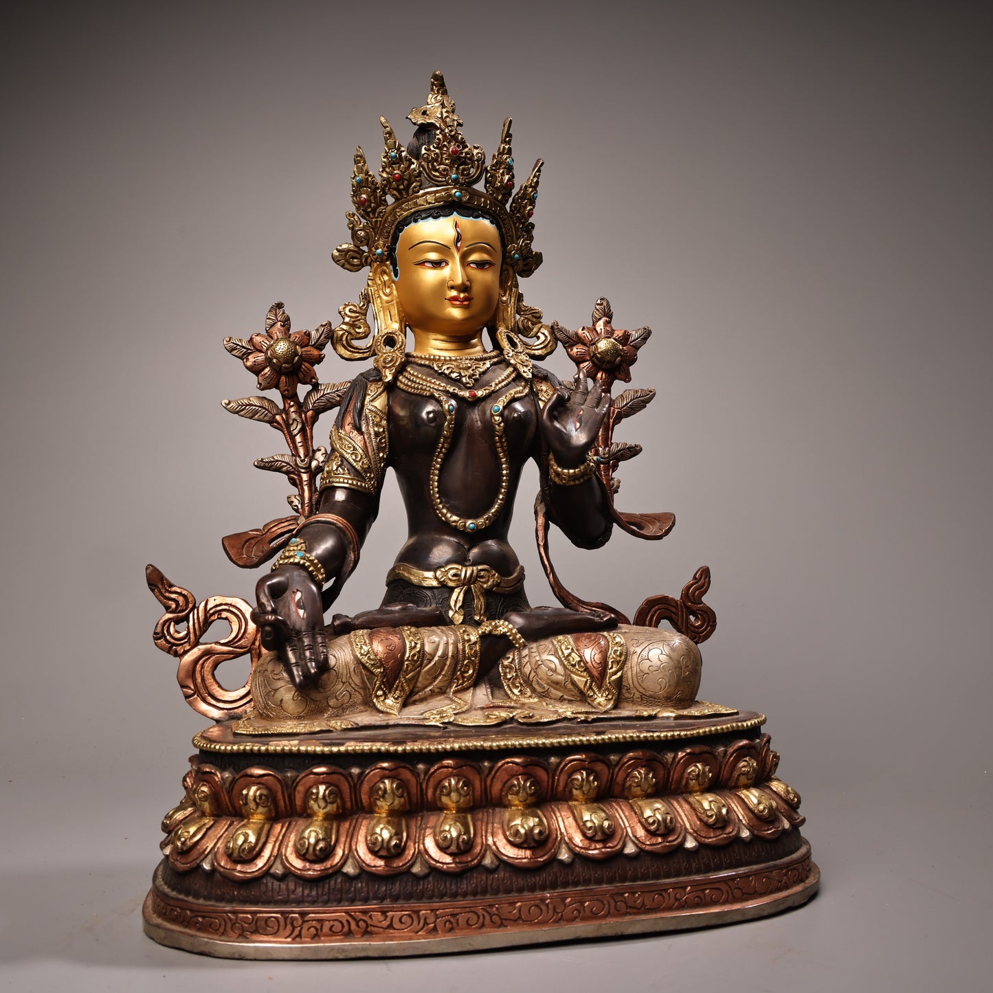 A1336 Tibetan Gilt Gold Copper Inlay Gems Tara Statue