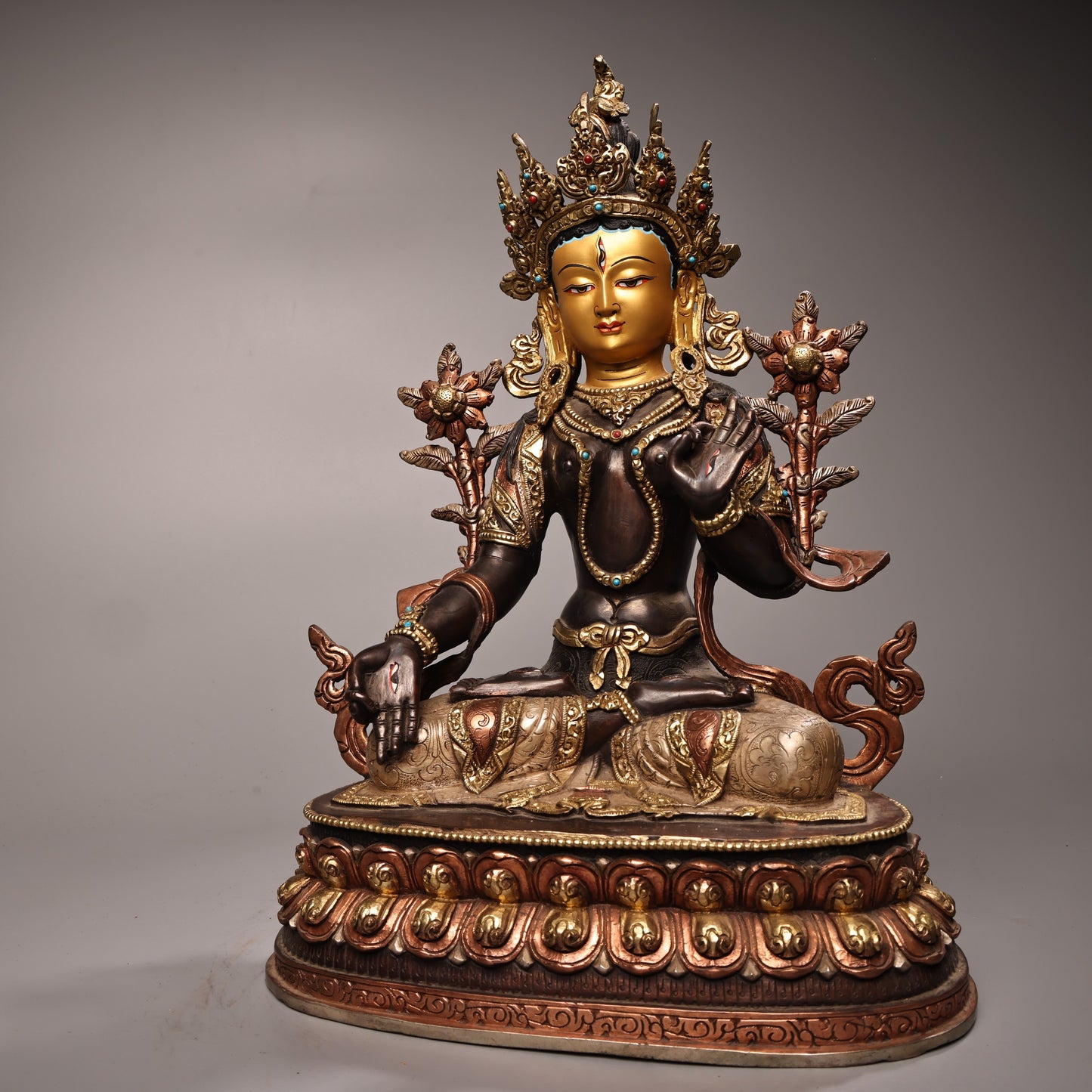 A1336 Tibetan Gilt Gold Copper Inlay Gems Tara Statue
