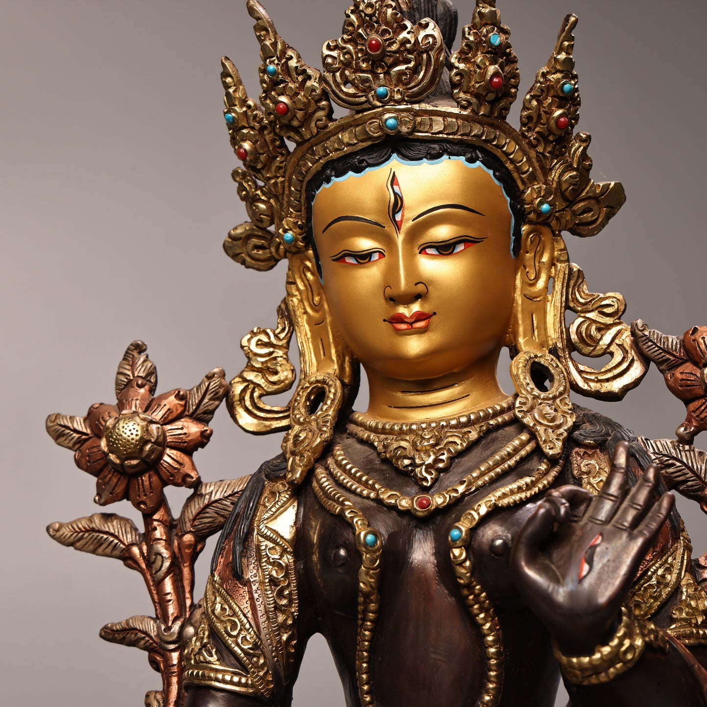 A1336 Tibetan Gilt Gold Copper Inlay Gems Tara Statue
