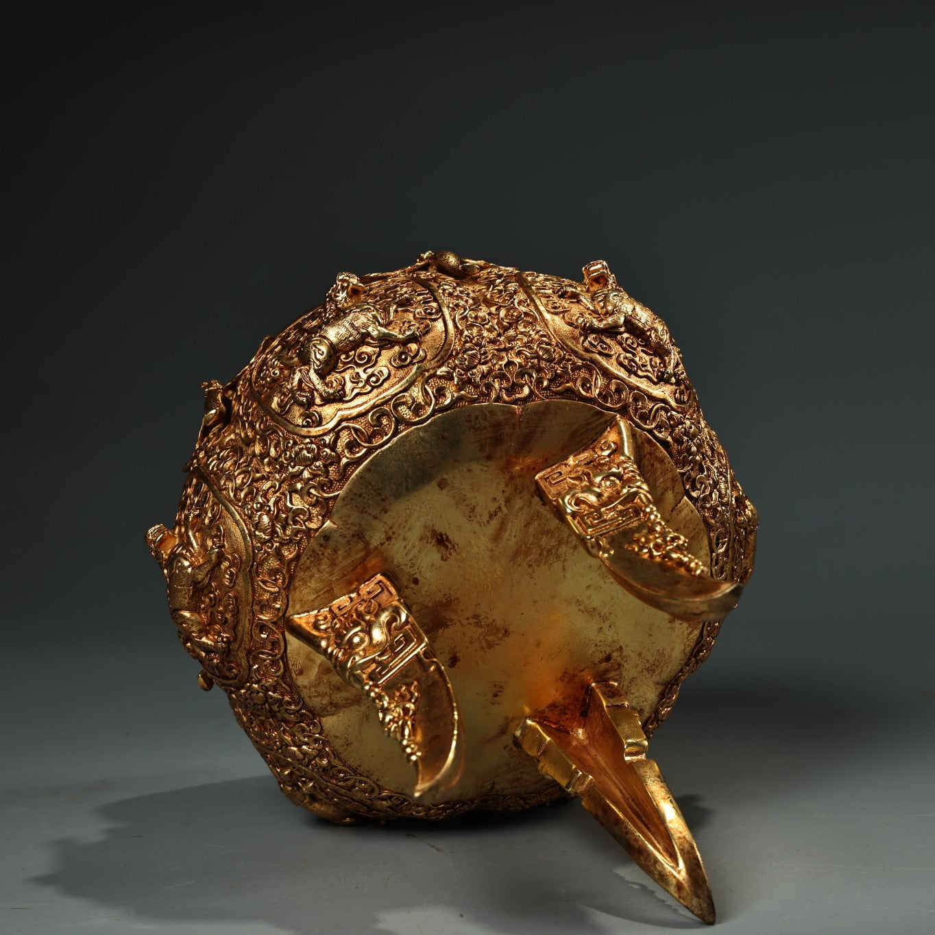 A1341 Chinese Gilt Gold Copper High Relief Divine Beast Incense Burner