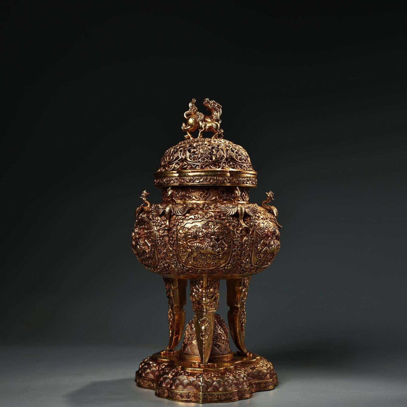A1341 Chinese Gilt Gold Copper High Relief Divine Beast Incense Burner