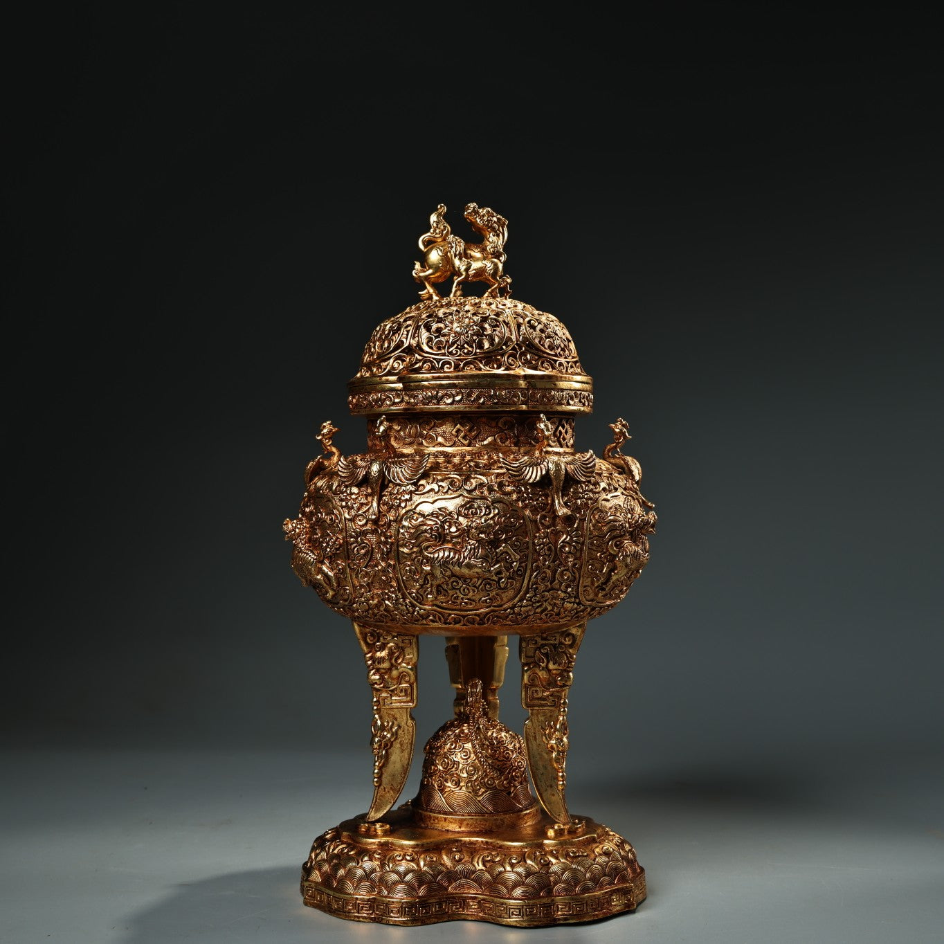 A1341 Chinese Gilt Gold Copper High Relief Divine Beast Incense Burner