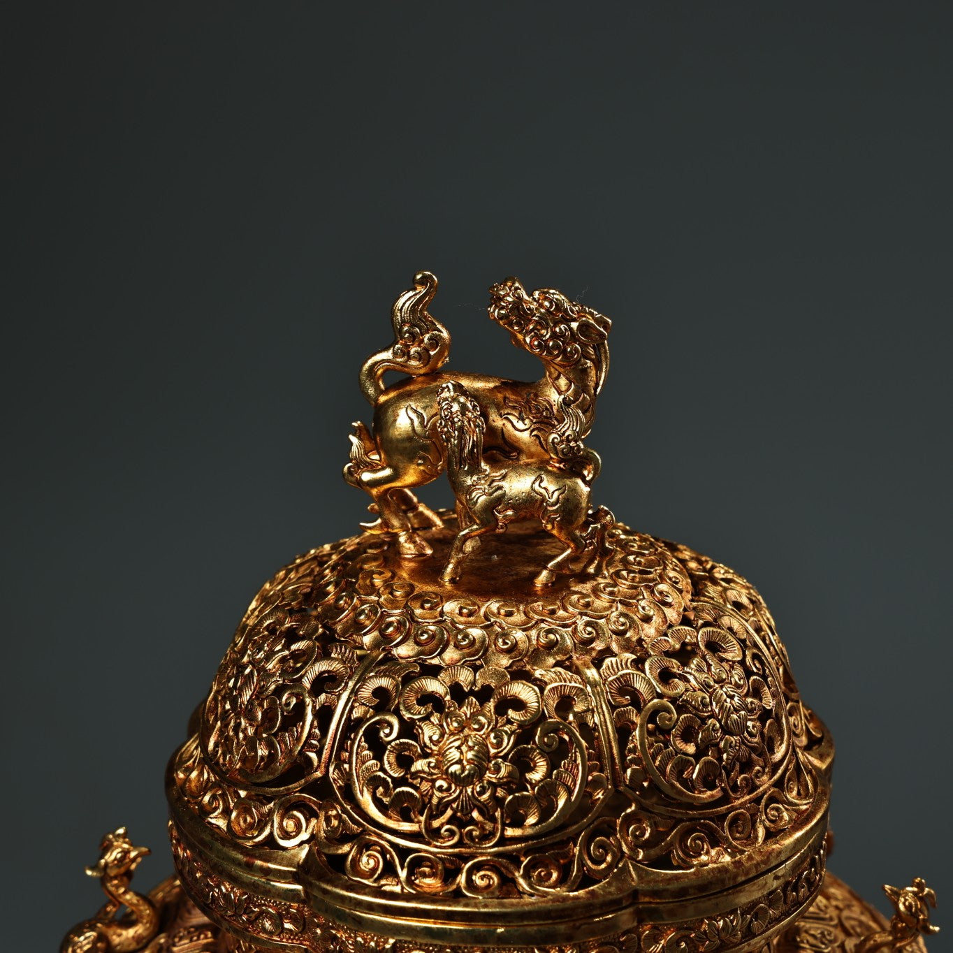 A1341 Chinese Gilt Gold Copper High Relief Divine Beast Incense Burner