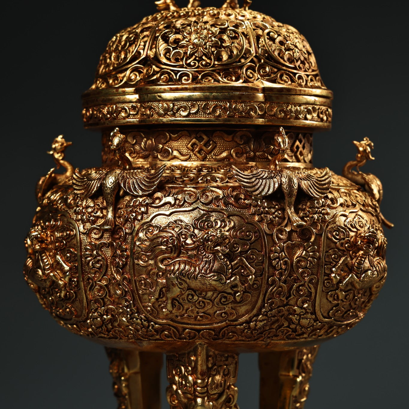 A1341 Chinese Gilt Gold Copper High Relief Divine Beast Incense Burner
