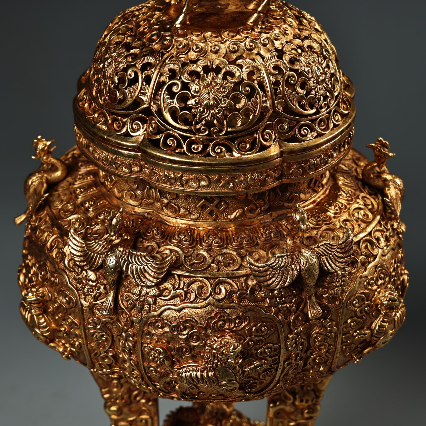 A1341 Chinese Gilt Gold Copper High Relief Divine Beast Incense Burner