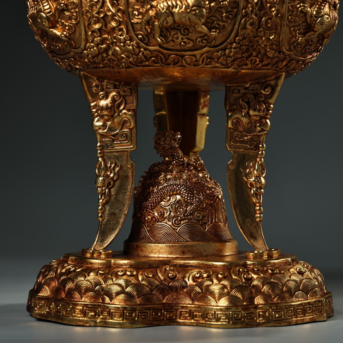 A1341 Chinese Gilt Gold Copper High Relief Divine Beast Incense Burner