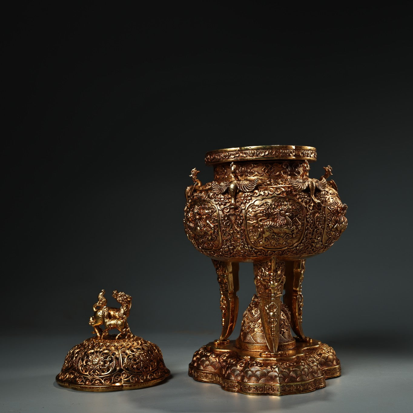 A1341 Chinese Gilt Gold Copper High Relief Divine Beast Incense Burner