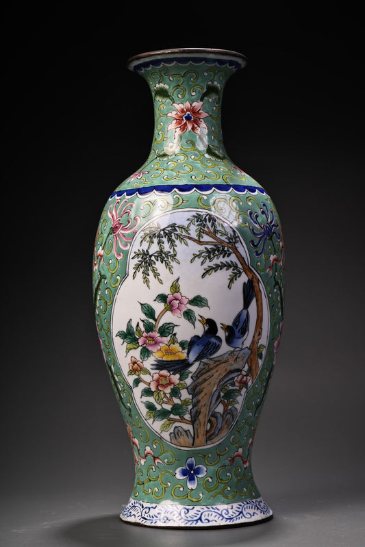 A1347 Old Chinese Copper Cloisonne Enamel Flowers Bird Design Vase