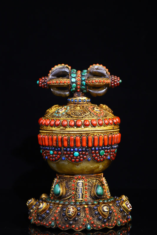 A1349 Old Tibetan Silver Wires Inlay DZI Agate & Gems & Crystal Pot