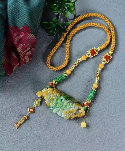 A1350 Exquisite Jadeite Carved Peacock Pendant w Beads Necklace