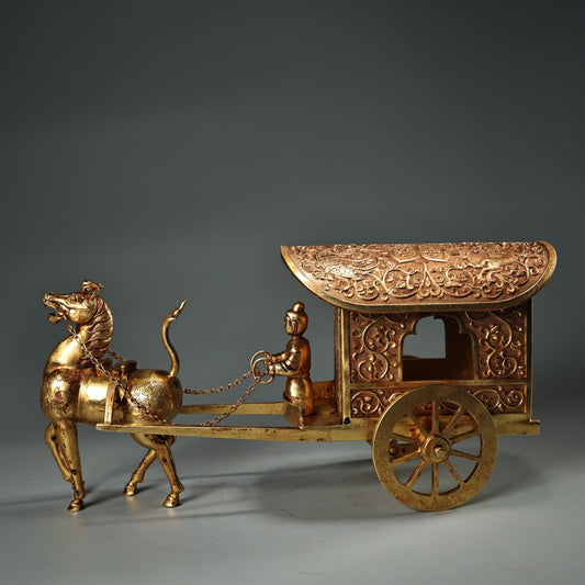 A1363 Vintage Chinese Gilt Gold Copper Figure & Carriage Statue