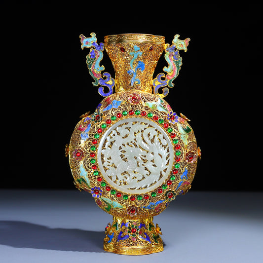 A1365 Exquisite Chinese Gold Wires Enamel Inlay Hetian Jade Dragon Phoenix Vase