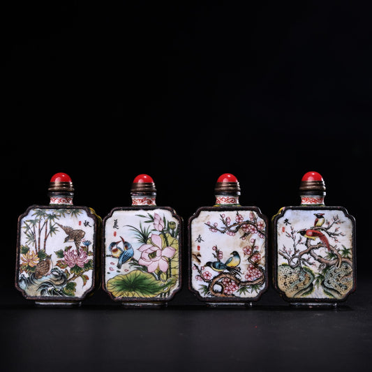 A1372 A Set Four Vintage Chinese Copper Enamel Flowers Bird Design Snuff Bottle