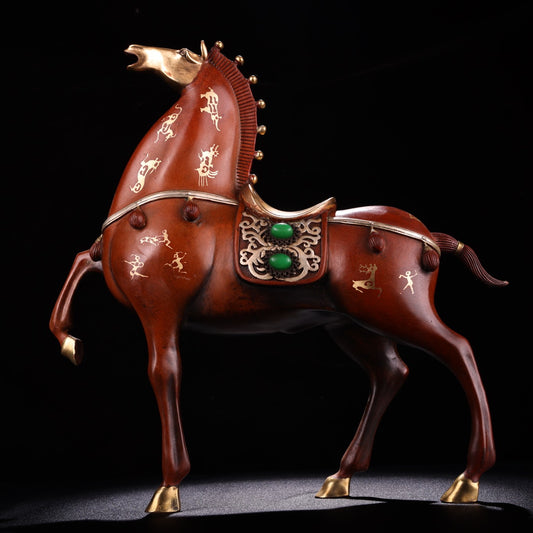 A1380 Chinese Gilt Gold Copper Inlay Green Jade Fortune Horse Statue