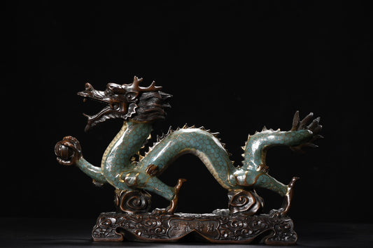 A1383 Vintage Chinese Gilt Gold Copper Cloisonne Fortune Dragon Statue