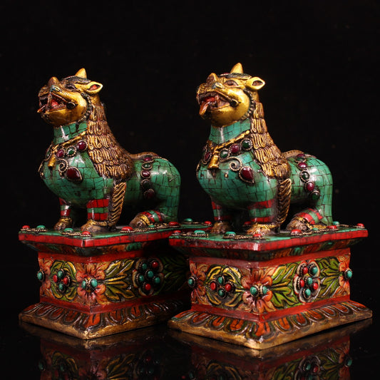 A1390 A Pair Tibetan Buddhism Gilt Gold Copper Inlay Turquoise & Gems Fortune Lion Statue