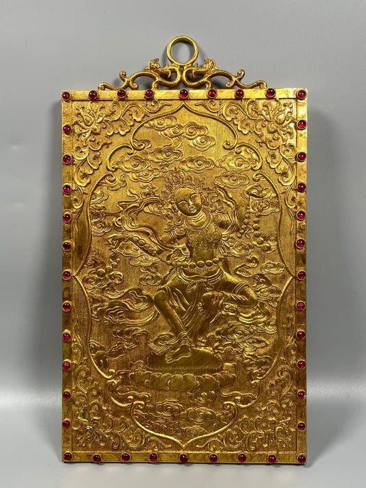 A1393 Vintage Chinese Gilt Gold Copper Low Relief Buddha Tangka