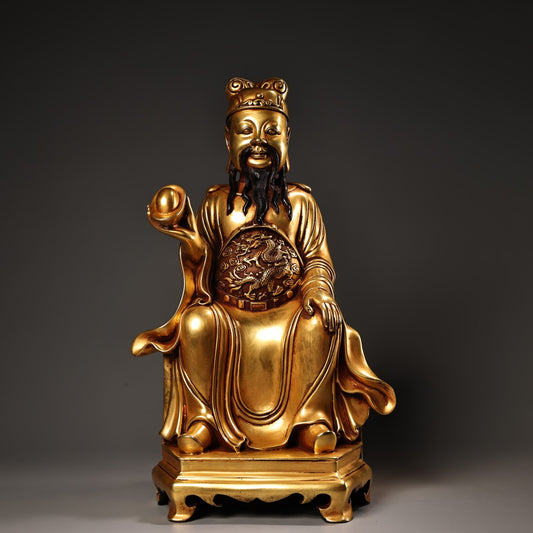 A1397 Vintage Chinese Gilt Gold Copper Fortune Taoism Deity Statue