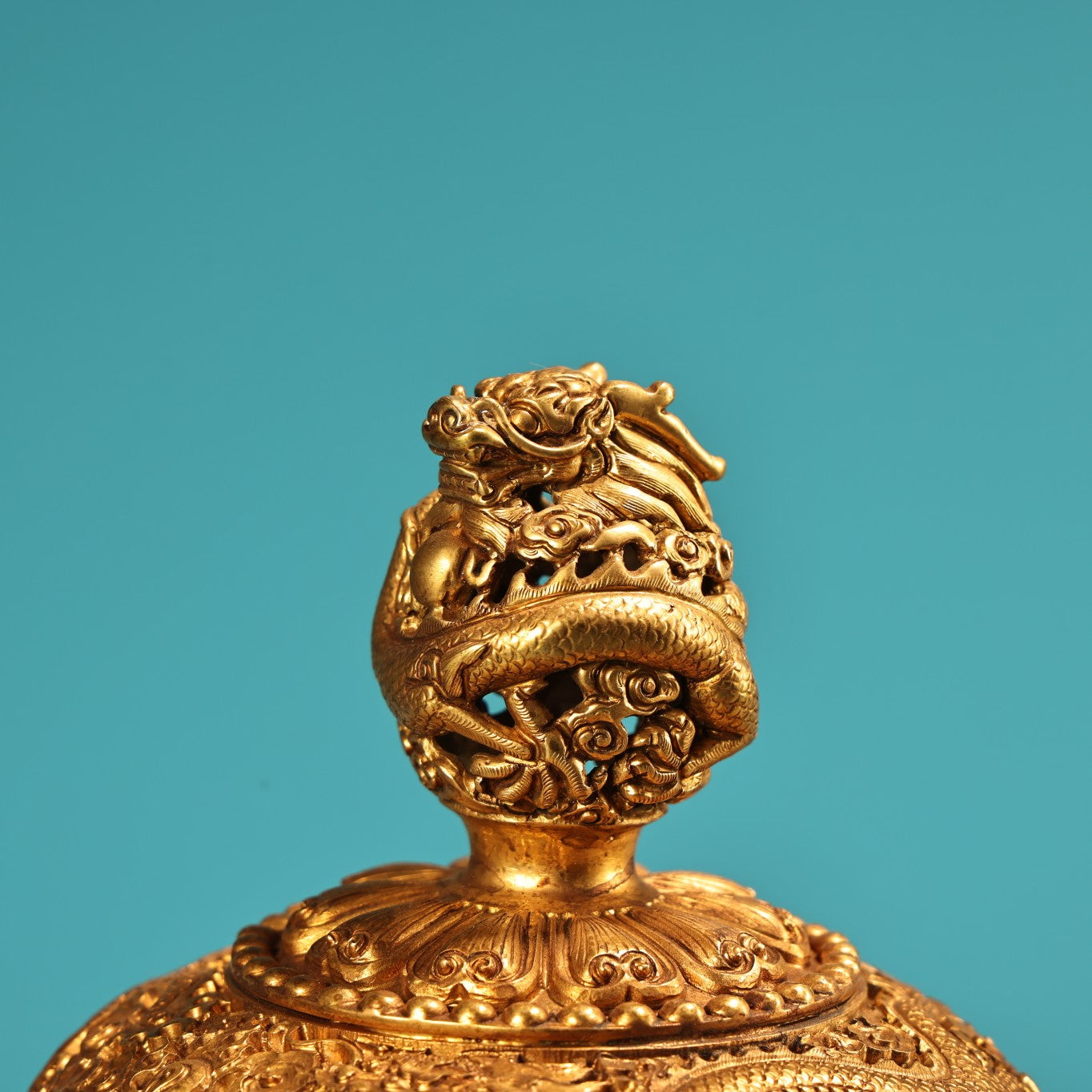 A1404 Vintage Chinese Gilt Gold Copper High Relief Fortune Dragon Incense Burner