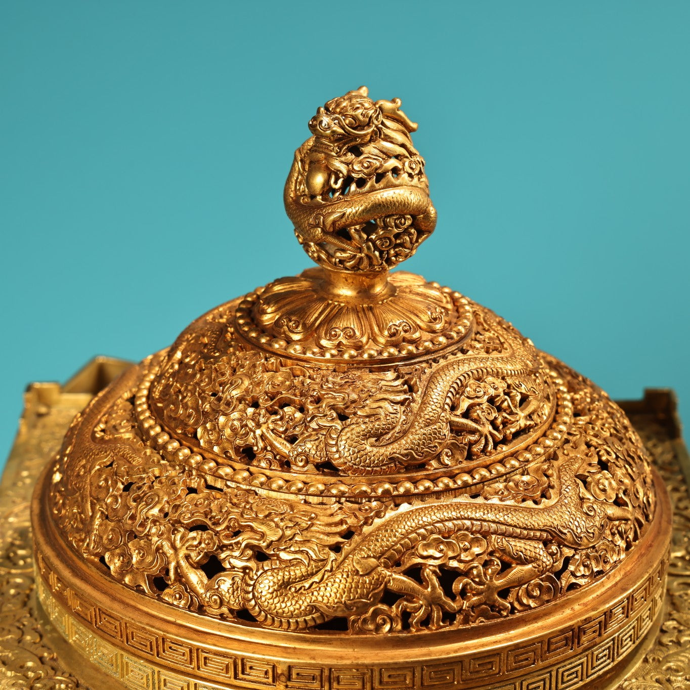 A1404 Vintage Chinese Gilt Gold Copper High Relief Fortune Dragon Incense Burner