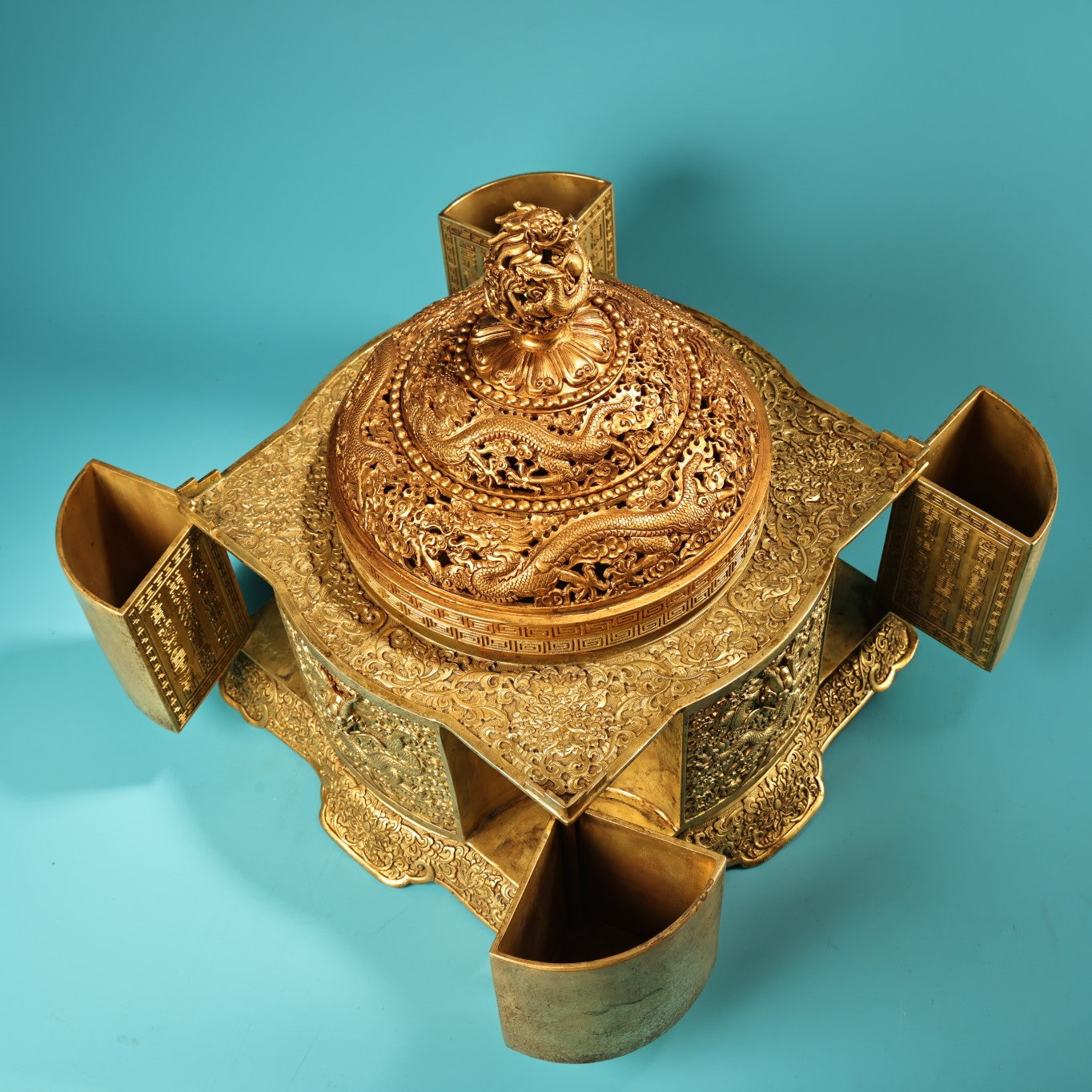 A1404 Vintage Chinese Gilt Gold Copper High Relief Fortune Dragon Incense Burner
