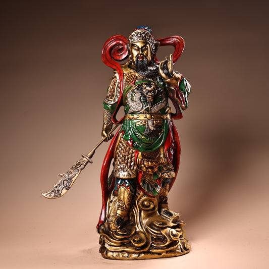 A1411 Vintage Chinese Colored Drawing Gilt Gold Copper General Guangong Statue