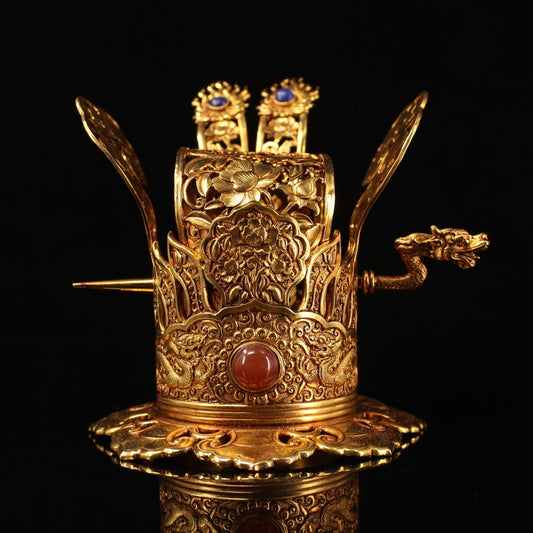 A1417 Vintage Chinese Gilt Gold Copper Official Hat