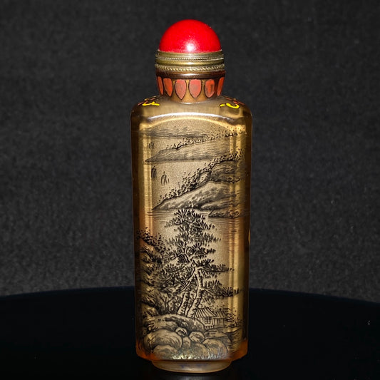 A1419 Chinese Peking Glass Colored Drawing Mountain River Scene Design Snuff Bottle