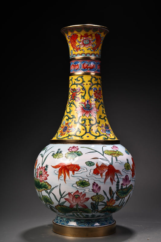 A1425 Chinese Gilt Edge Copper Enamel Cloisonne Lotus Leaf & Lotus Flower & Goldgish Design Vase
