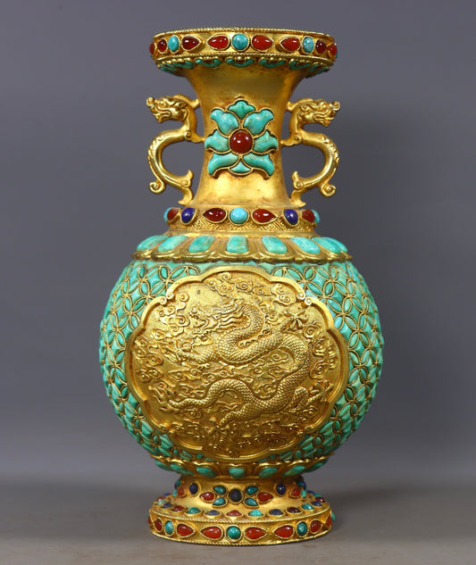 A1437 Vintage Chinese Gilt Gold Copper Inlay Turquoise & Gems Vase