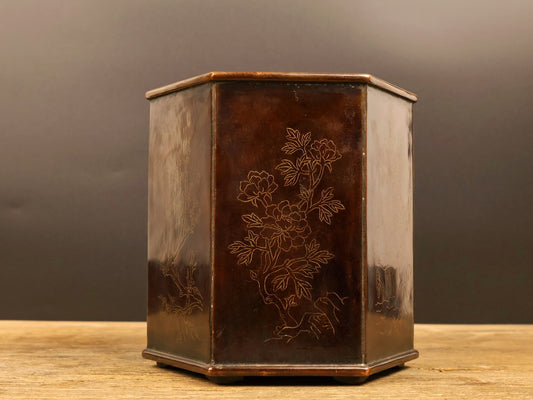 A1440 Vintage Chinese Copper Inlay Silver Wires Plum Flower & Orchid & Bamboo & Chrysanthemum Brush Pot