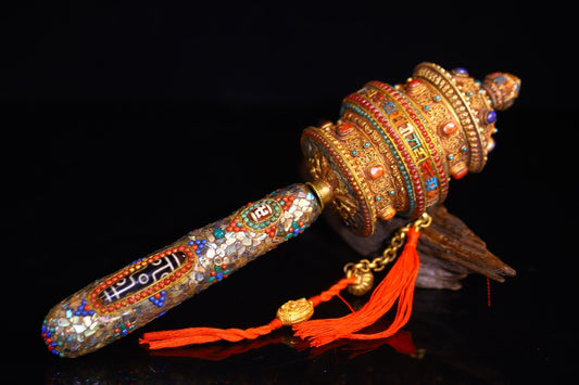 A1452 Tibetan Buddhism Gold Wire Inlay DZI Agate & Turquoise & Gems Prayer Wheel