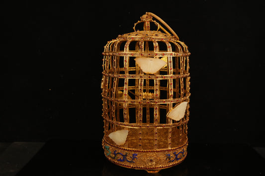 A1453 Openwork Chinese Gold Wires Enamel Inlay Hetian Jade & Gem Birdcage