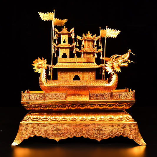 A1481 Exquisite Chinese Gilt Gold Copper Dragon Boat Statue