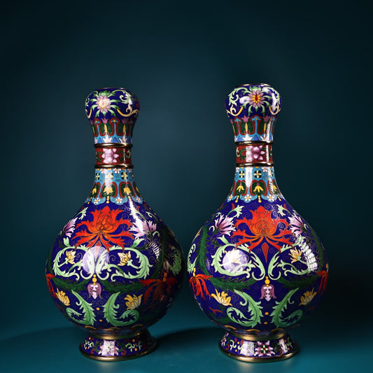 A1488 A Pair Chinese Gilt Edge Copper Cloisonne Flowers Design Vases