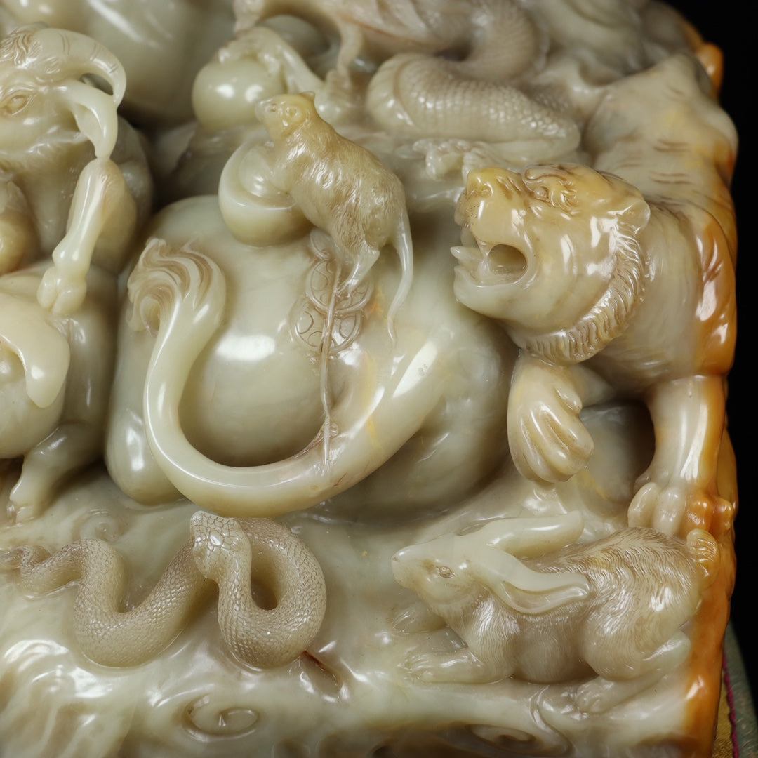 A1501 Superb Vintage Chinese Shoushan Stone Carved 12 Zodiacs Statue